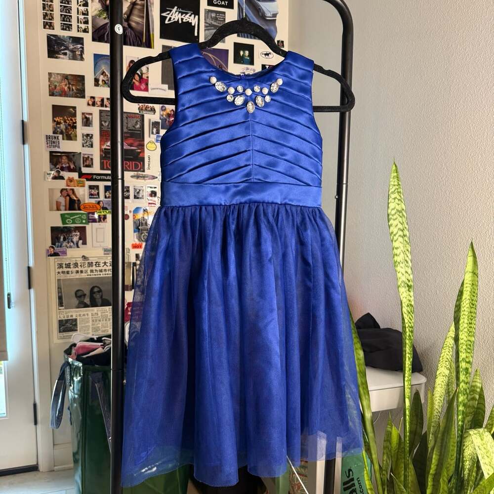 Royal Blue Tulle Party Dress With Pearl And Gem Embellishment